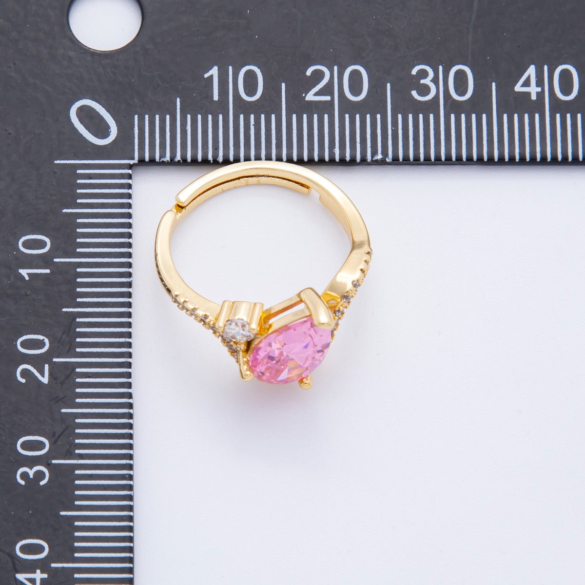 18K Gold Filled Clear, Pink CZ Teardrop Micro Paved Curved Adjustable Ring | O - 176 - DLUXCA