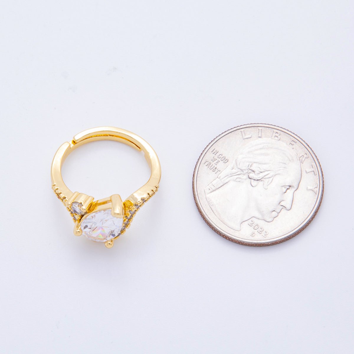 18K Gold Filled Clear, Pink CZ Teardrop Micro Paved Curved Adjustable Ring | O - 176 - DLUXCA