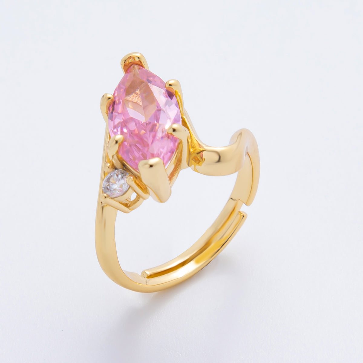 18K Gold Filled Clear, Pink Marquise CZ Solitaire Curved Adjustable Ring | O02243 - DLUXCA