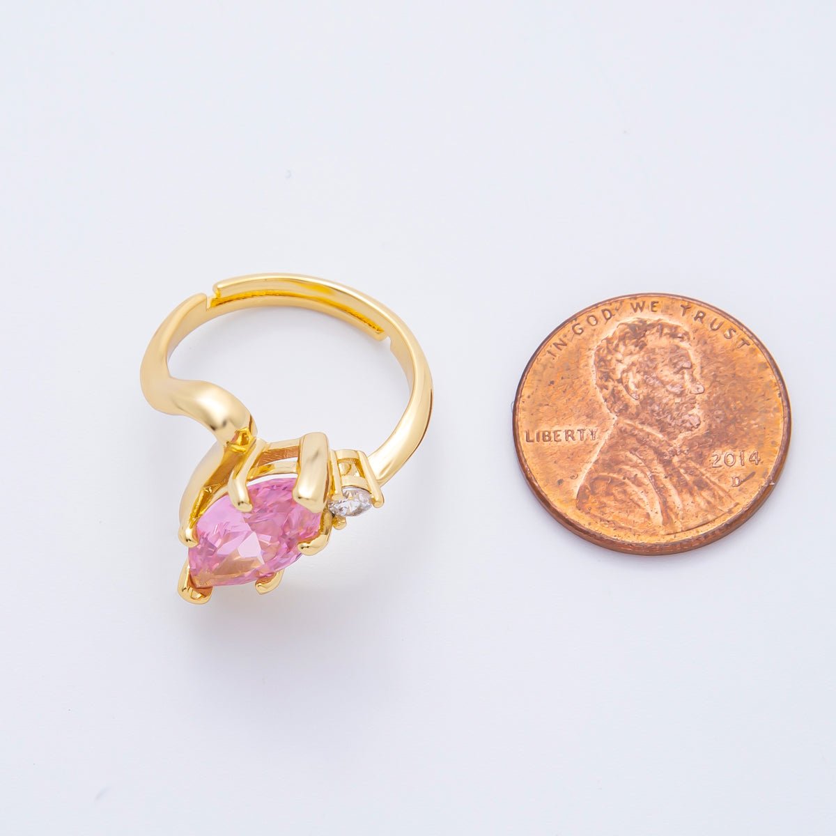 18K Gold Filled Clear, Pink Marquise CZ Solitaire Curved Adjustable Ring | O02243 - DLUXCA