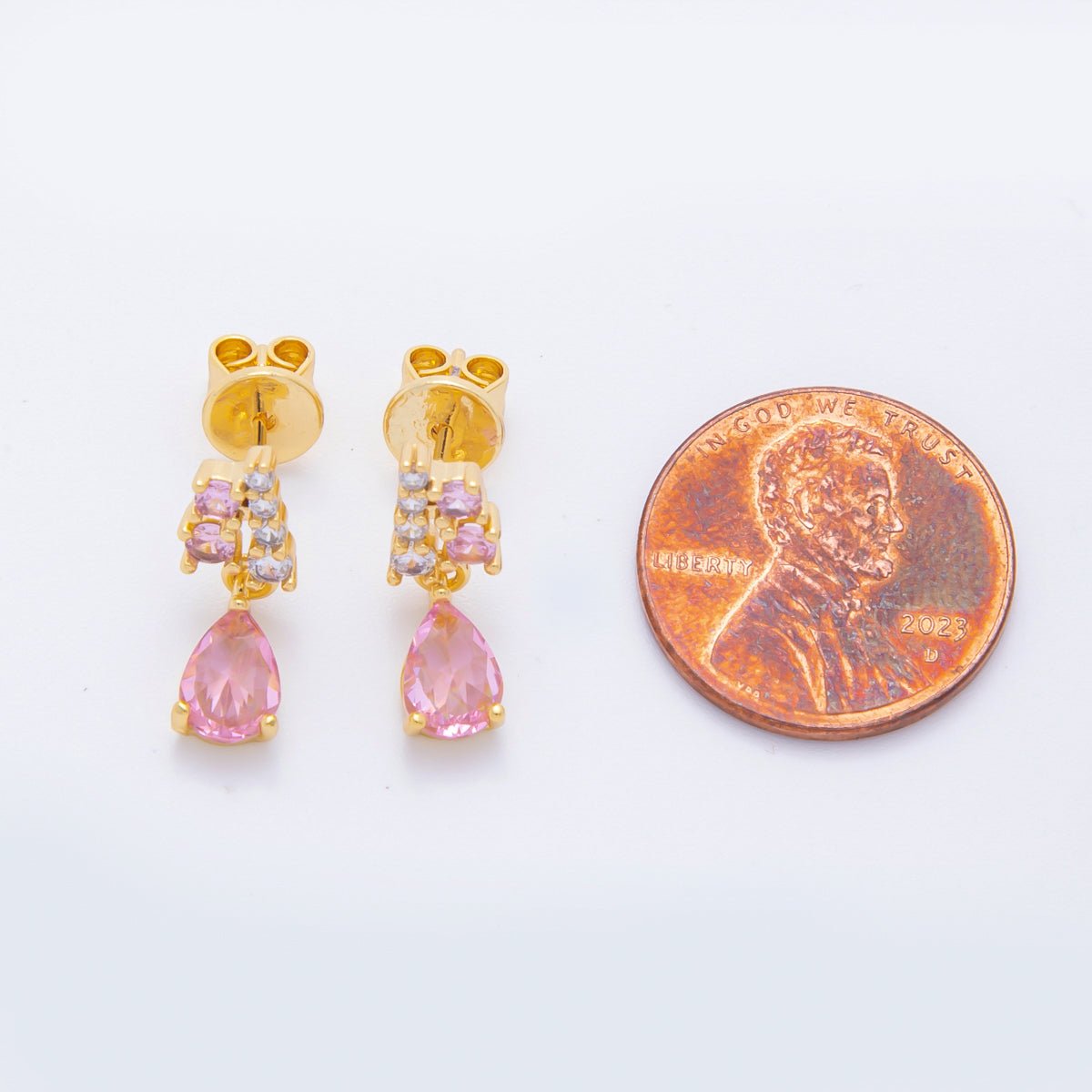 18K Gold Filled Clear Pink Teardrop Micro Paved CZ Cluster Drop Stud Earrings | AJ218 - DLUXCA