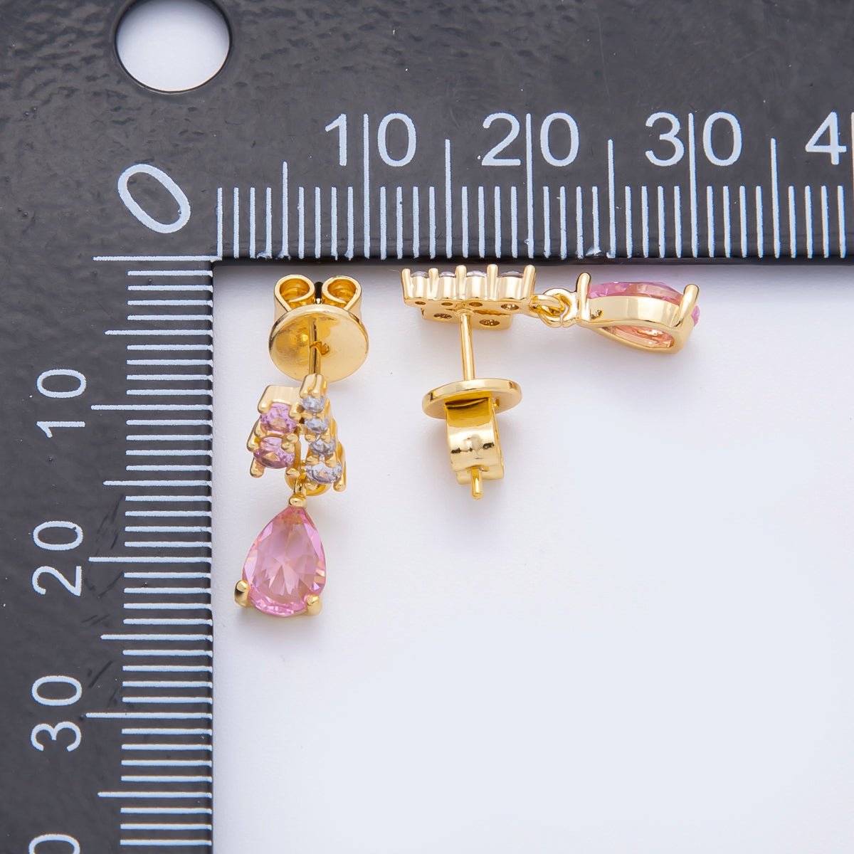 18K Gold Filled Clear Pink Teardrop Micro Paved CZ Cluster Drop Stud Earrings | AJ218 - DLUXCA
