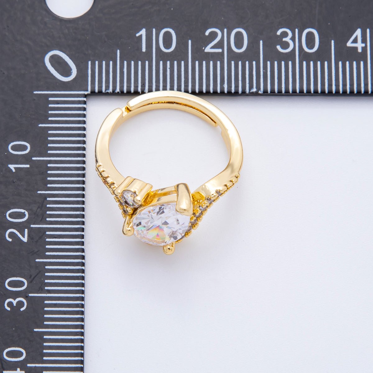 18K Gold Filled Clear, Pink Teardrop Micro Paved CZ Curved Solitaire Adjustable Ring | O00176 - DLUXCA