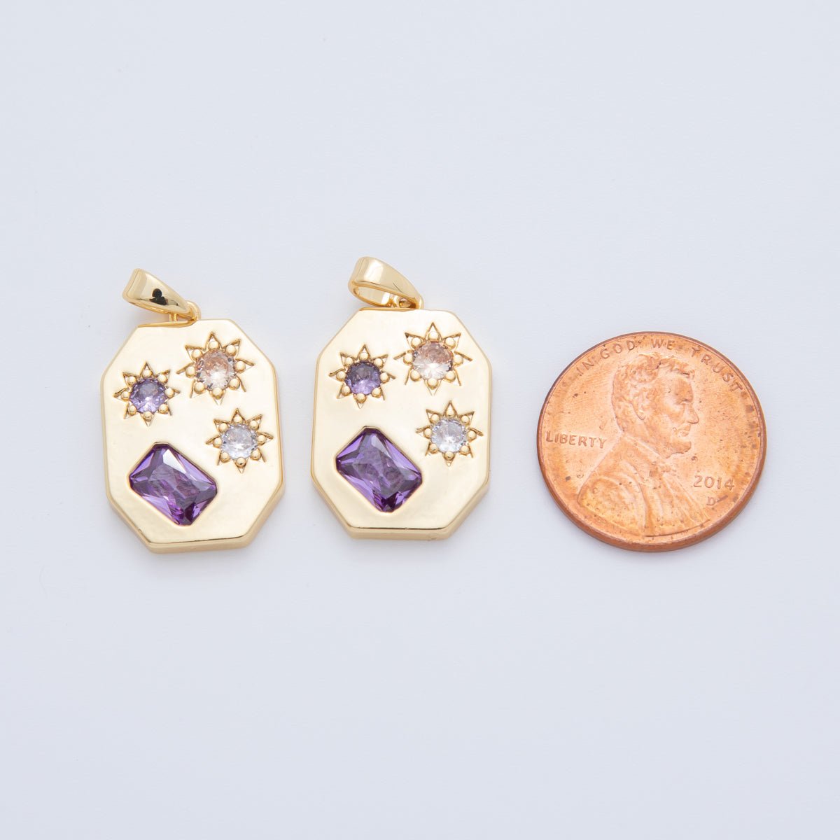 18K Gold Filled Clear Purple Baguette CZ Celestial Sun Rectangular Pendant | AH772 - DLUXCA