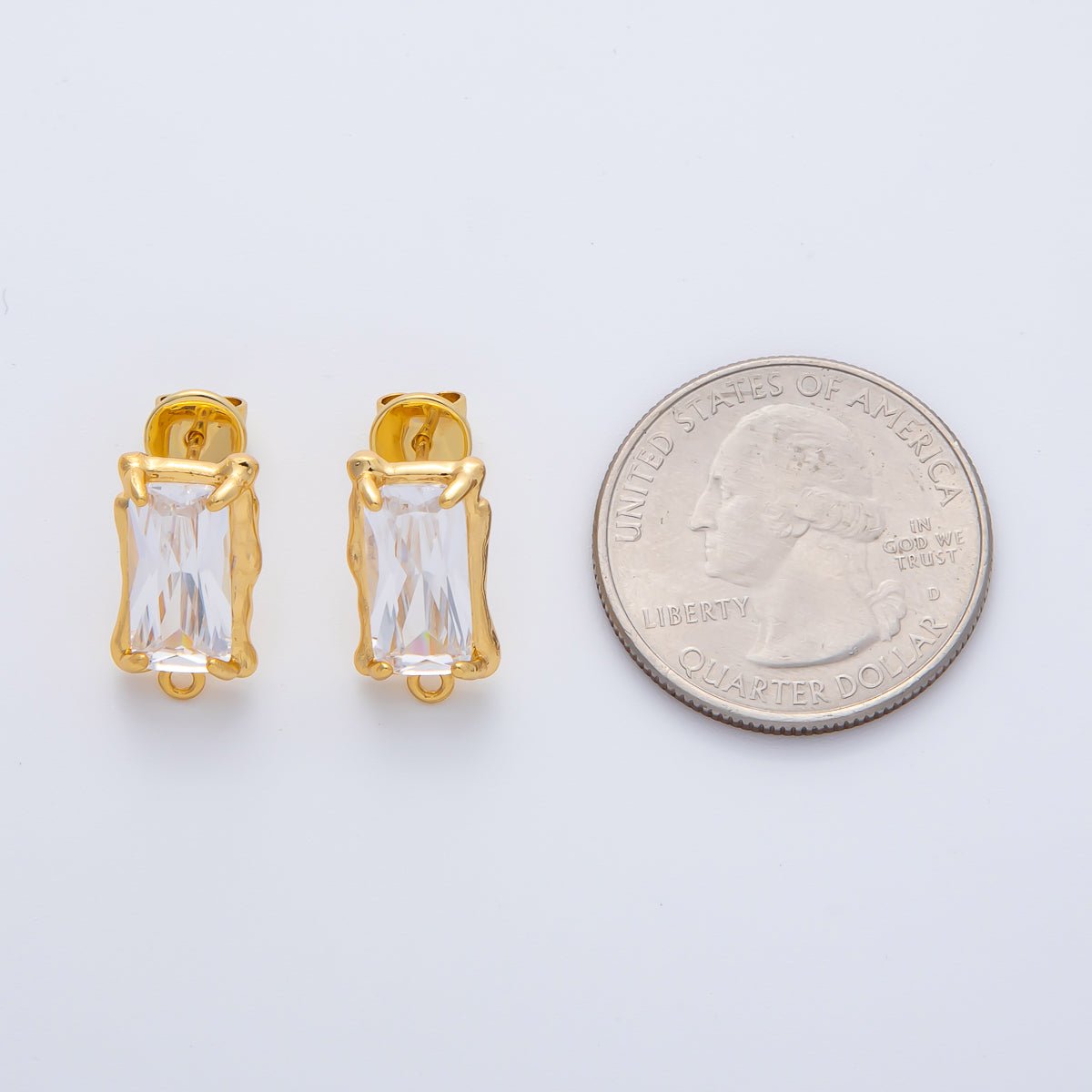 18K Gold Filled Clear Rectangle Baguette CZ Molten Drop Stud Earrings Findings Closed Loop | Z1447 - DLUXCA
