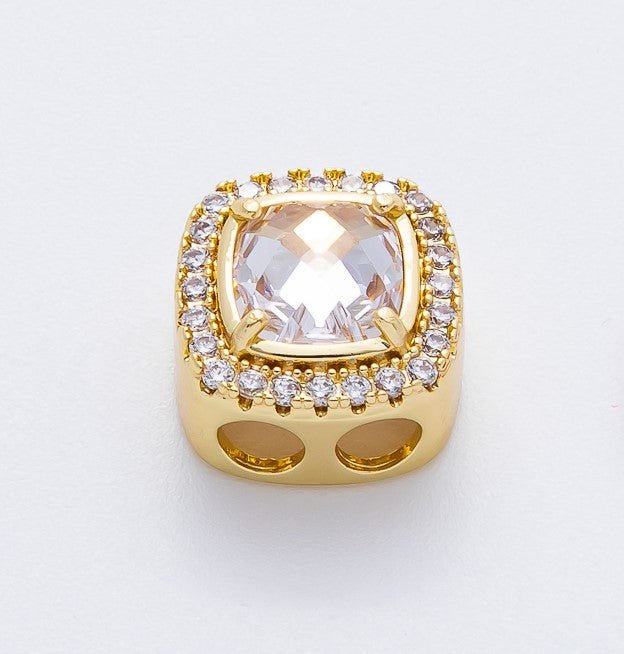 18K Gold Filled Clear Square Micro Paved CZ 2 - Holes Slider Spacer Bead in Gold & Silver | B107 - DLUXCA