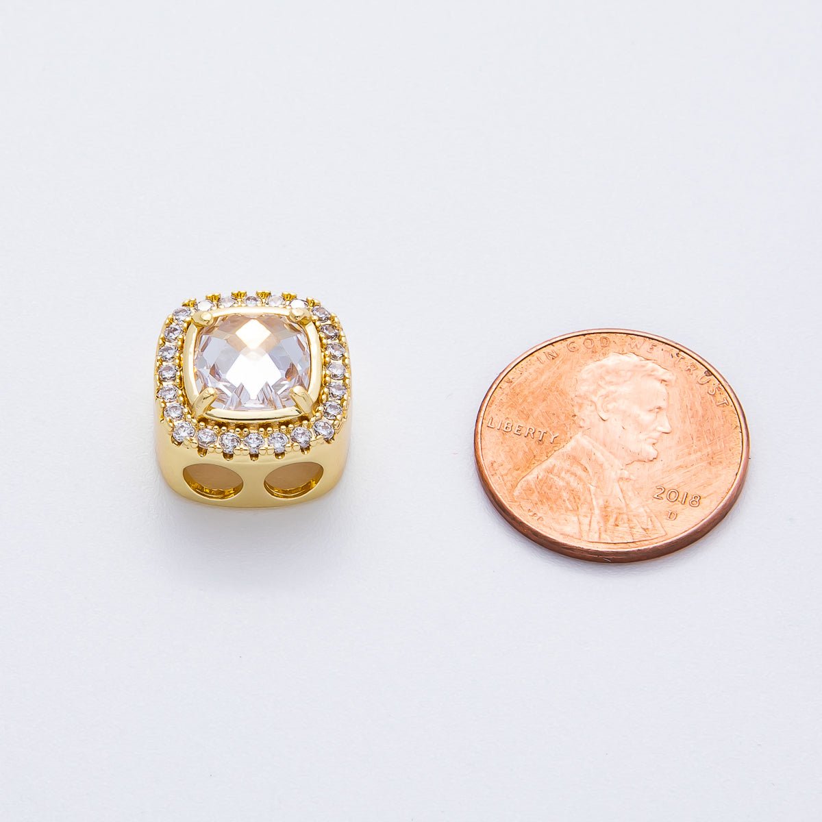 18K Gold Filled Clear Square Micro Paved CZ 2 - Holes Slider Spacer Bead in Gold & Silver | B107 - DLUXCA
