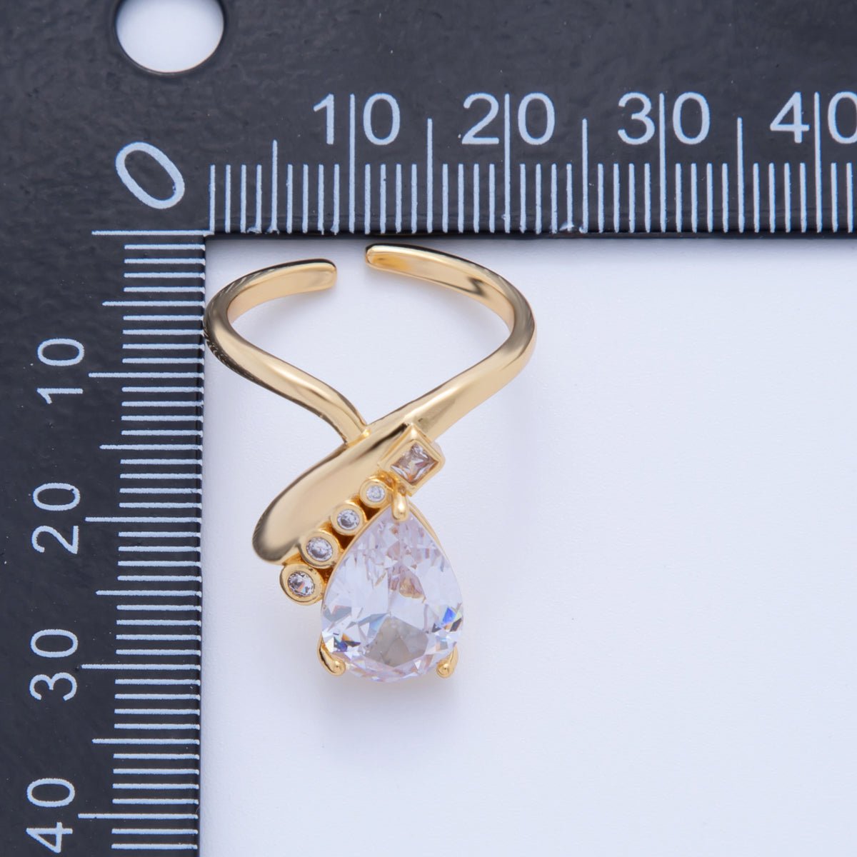 18K Gold Filled Clear Teardrop CZ Curve Solitaire Ring | O1757 - DLUXCA