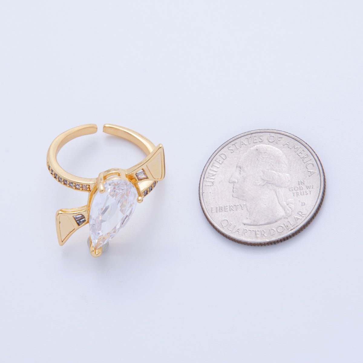 18K Gold Filled Clear Teardrop Micro Paved CZ Geometric Curve Ring | O1756 - DLUXCA