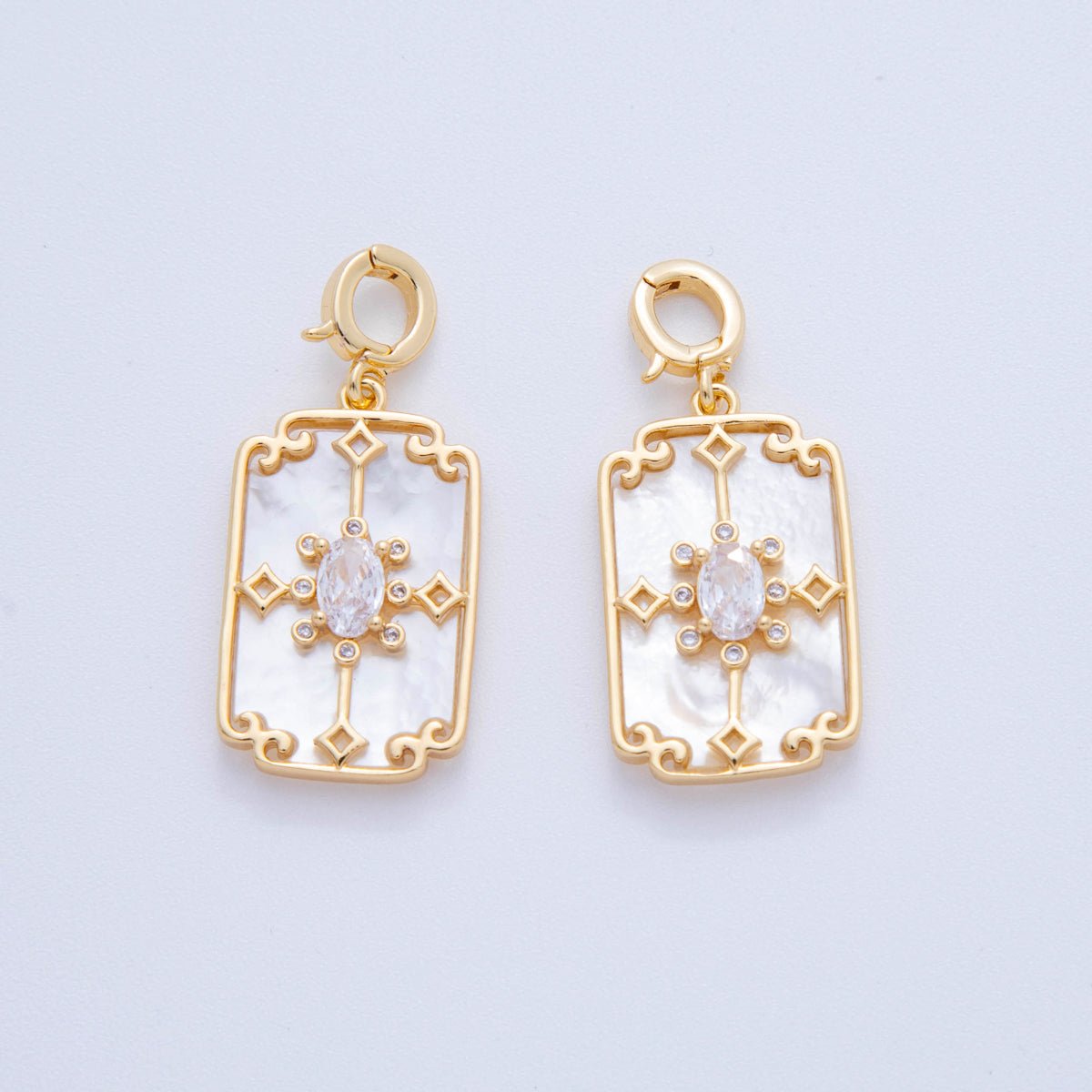18K Gold Filled CZ Artisan Geometric Shell Pearl Rectangle Latch Snap Bail Pendant | AH757 - DLUXCA