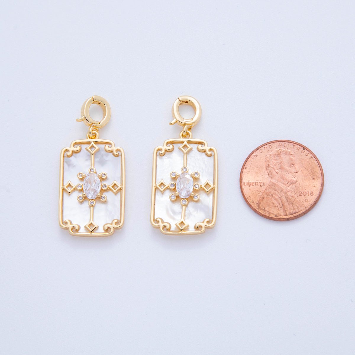 18K Gold Filled CZ Artisan Geometric Shell Pearl Rectangle Latch Snap Bail Pendant | AH757 - DLUXCA