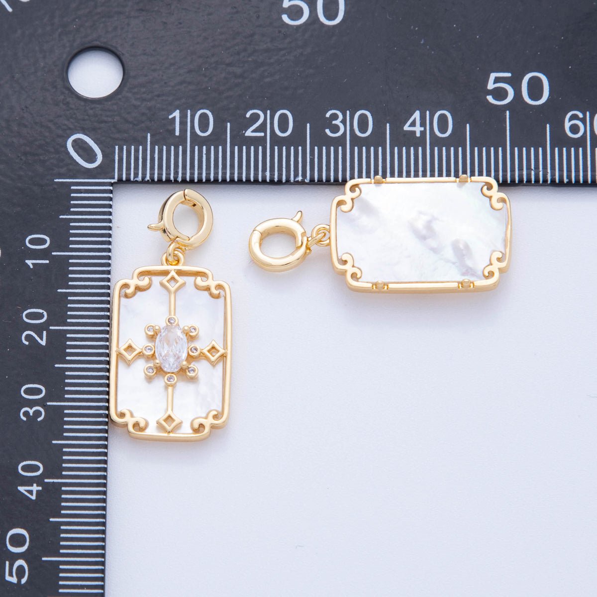 18K Gold Filled CZ Artisan Geometric Shell Pearl Rectangle Latch Snap Bail Pendant | AH757 - DLUXCA