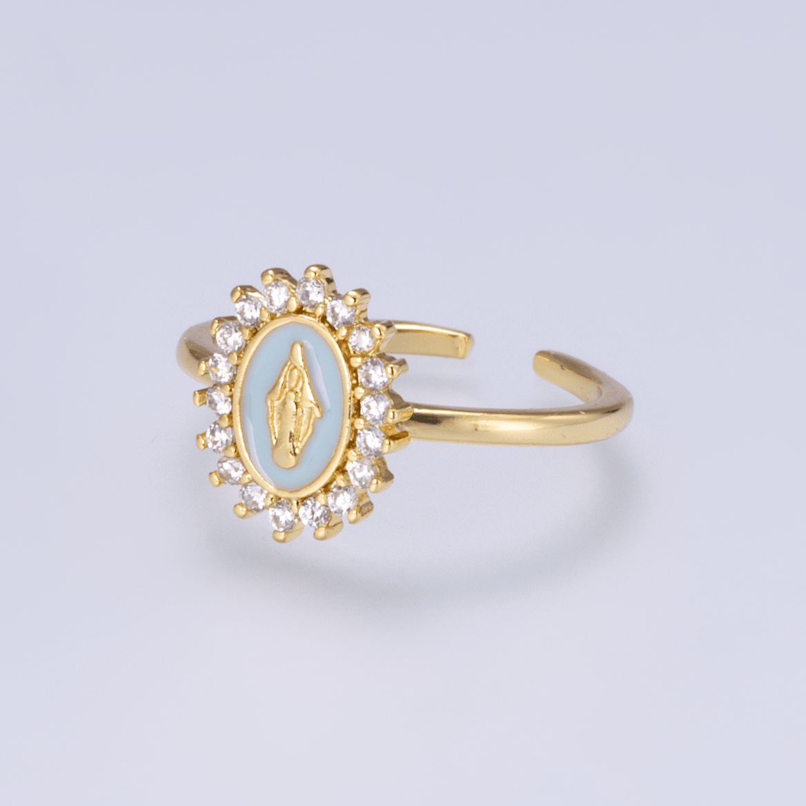 18K Gold Filled CZ Blue Enamel Mother Mary Oval Ring | Rings-00269 - DLUXCA