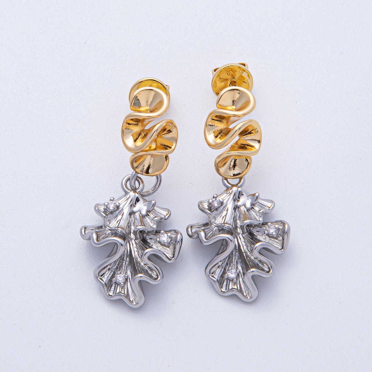 18K Gold Filled CZ Geometric Foil Mixed Metal Drop Stud Earrings | AD1674 AD1675 - DLUXCA