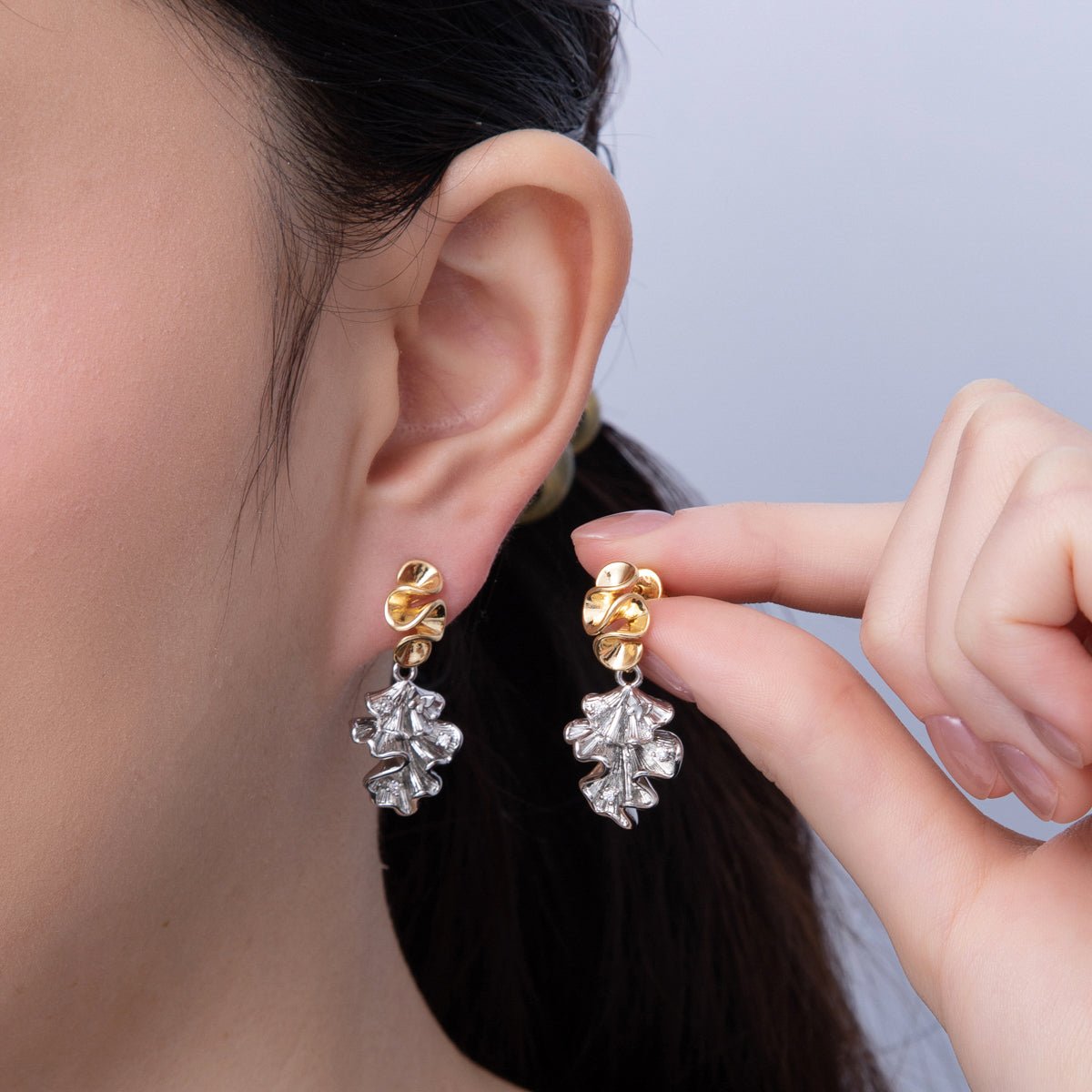 18K Gold Filled CZ Geometric Foil Mixed Metal Drop Stud Earrings | AD1674 AD1675 - DLUXCA