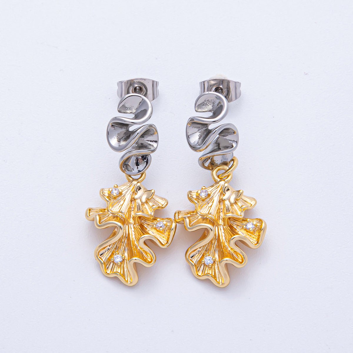 18K Gold Filled CZ Geometric Foil Mixed Metal Drop Stud Earrings | AD1674 AD1675 - DLUXCA