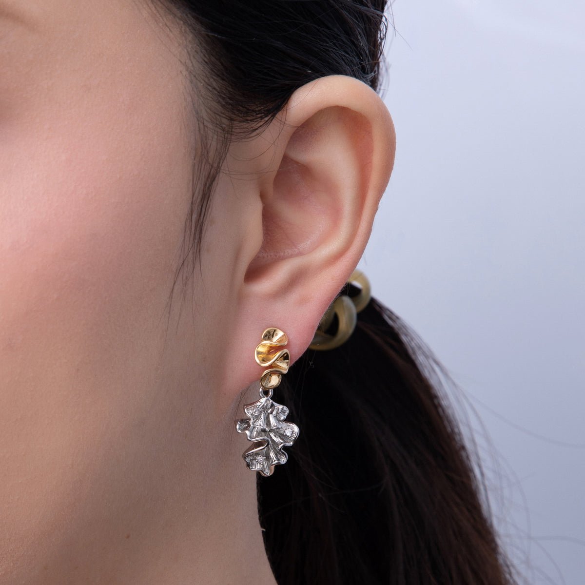 18K Gold Filled CZ Geometric Foil Mixed Metal Drop Stud Earrings | AD1674 AD1675 - DLUXCA