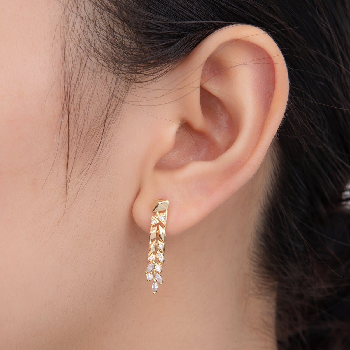 18K Gold Filled CZ Geometric Leaf Drop Stud Earrings | AI - 371 - DLUXCA