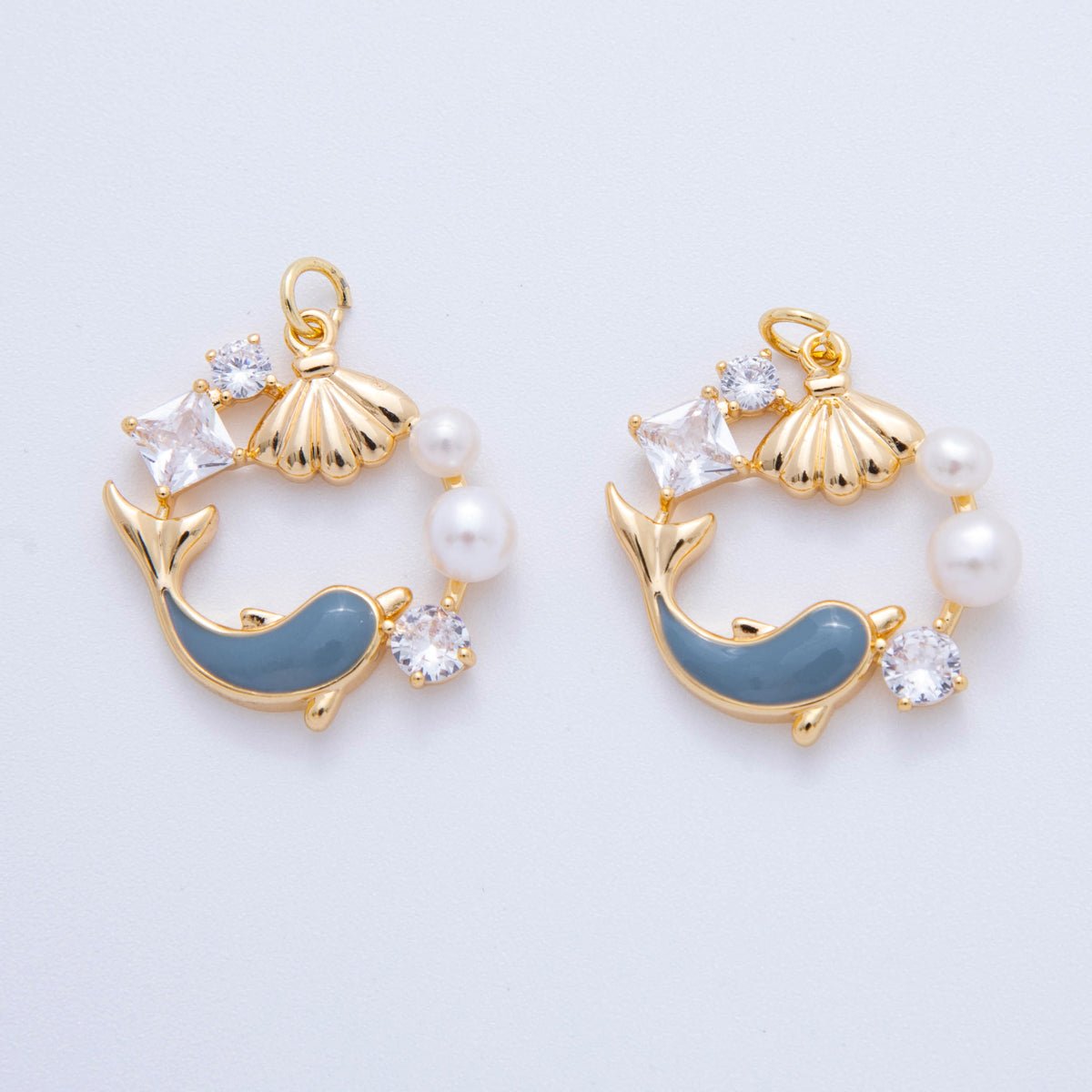 18K Gold Filled CZ Shell Pearl Dolphin Fish Open Round Charm | AF385 - DLUXCA