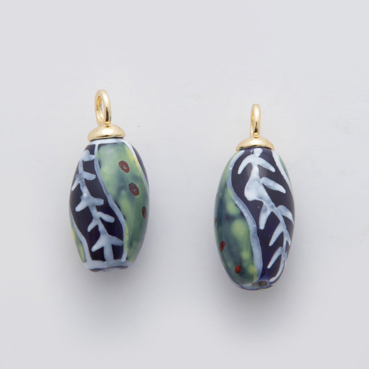 18K Gold Filled Doodle Green Vine Seed Ceramic Drop Pendant | X483 - DLUXCA