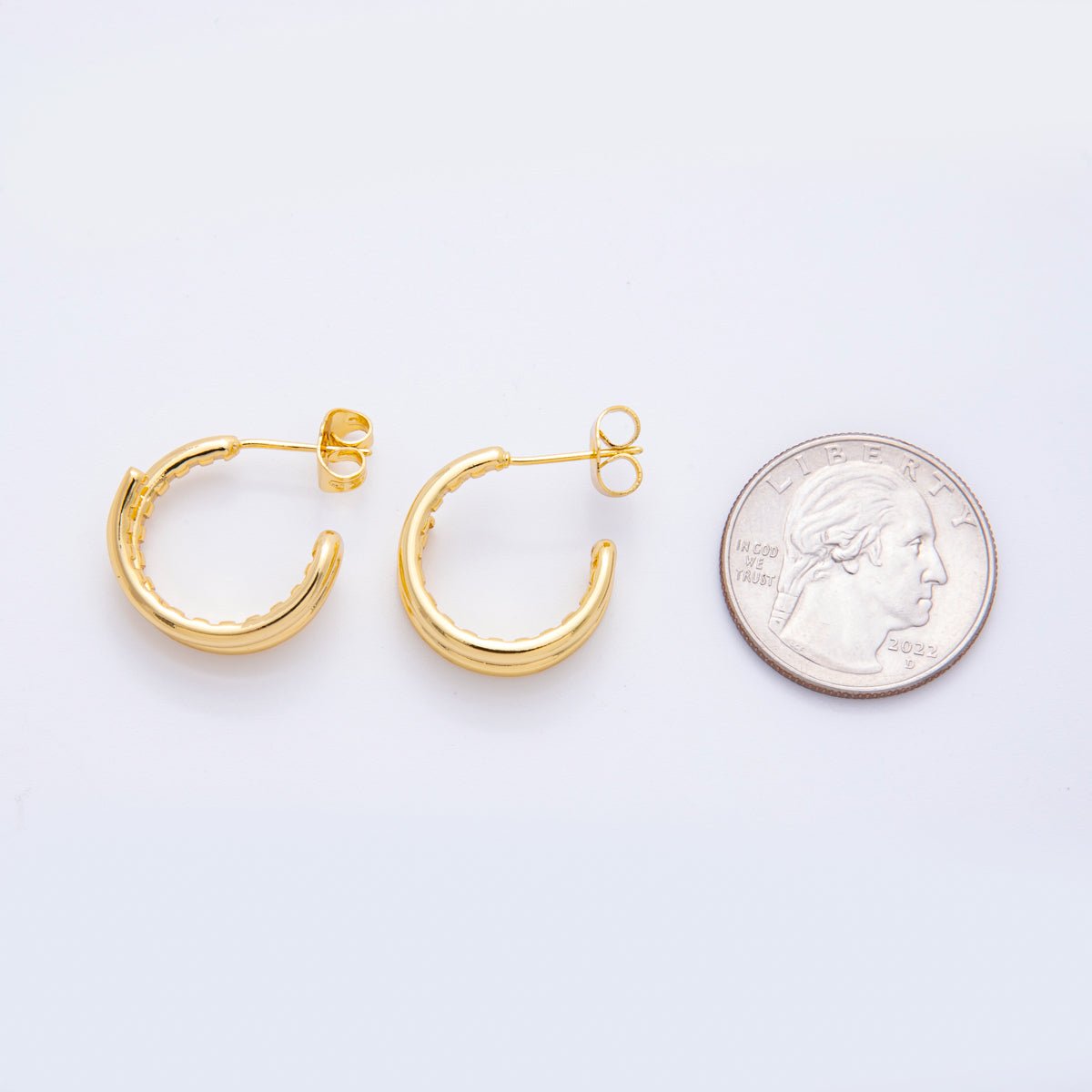 18K Gold Filled Double Band Edged C - Shaped Hoops Earrings in Gold & Silver | AJ209 AJ210 - DLUXCA