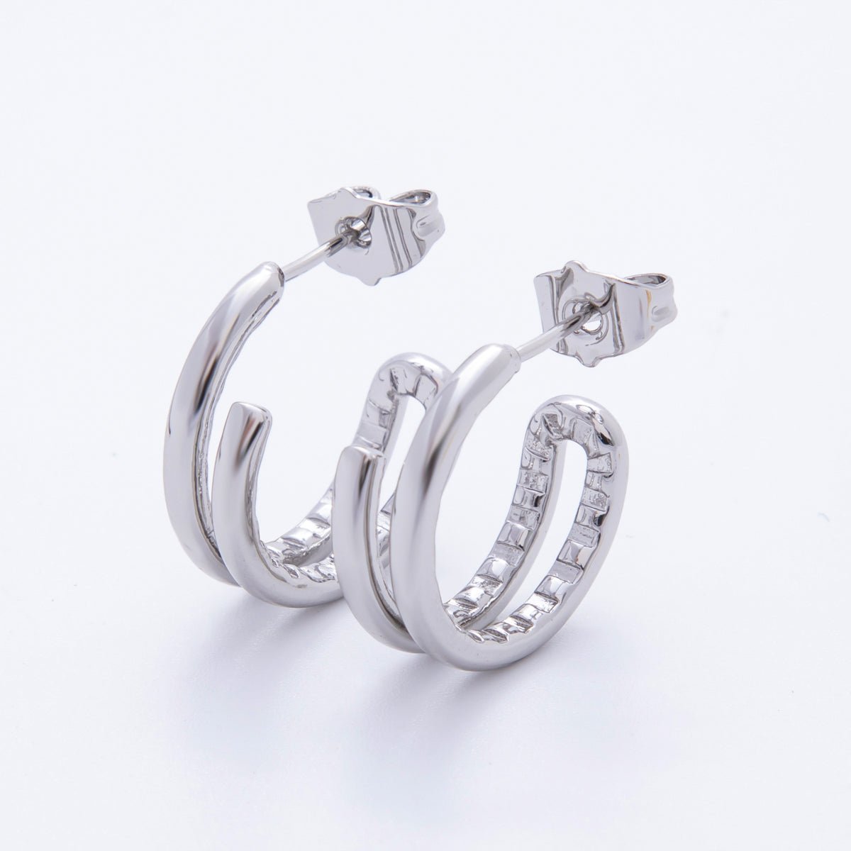 18K Gold Filled Double Band Edged C - Shaped Hoops Earrings in Gold & Silver | AJ209 AJ210 - DLUXCA
