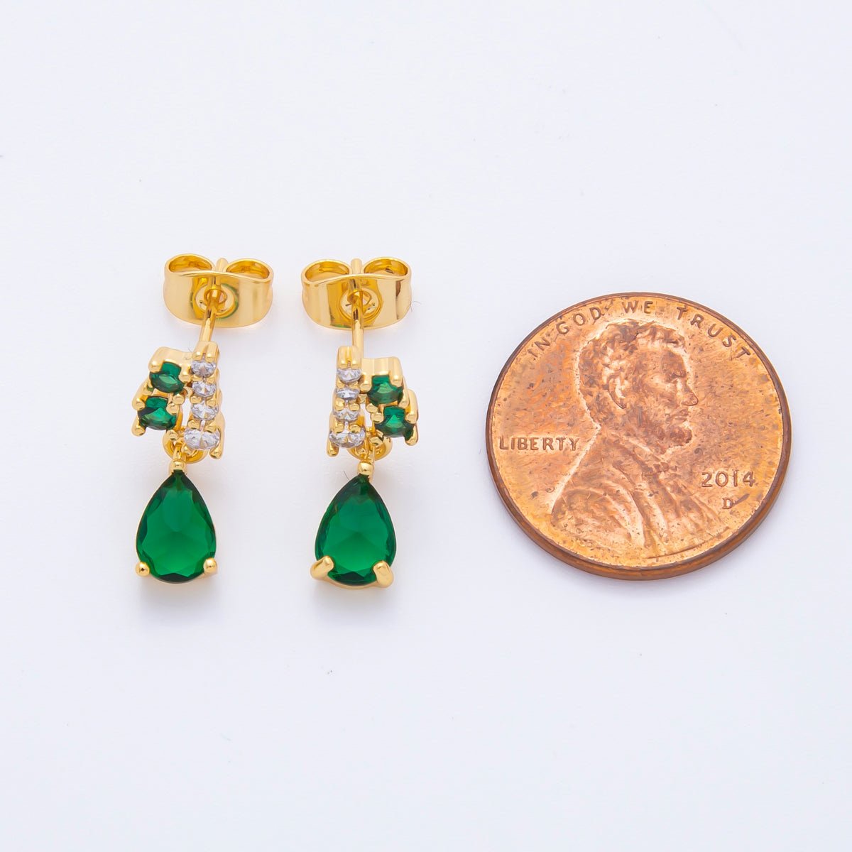 18K Gold Filled Emerald Green Teardrop & Micro Paved CZ Classy Drop Stud Earrings | AJ217 - DLUXCA