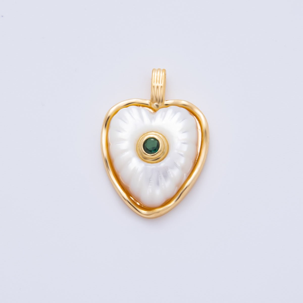 18K Gold Filled Enamel 22.5mm Shell Pearl Round CZ Sunburst Heart Charm | AH897 - AH899 - DLUXCA