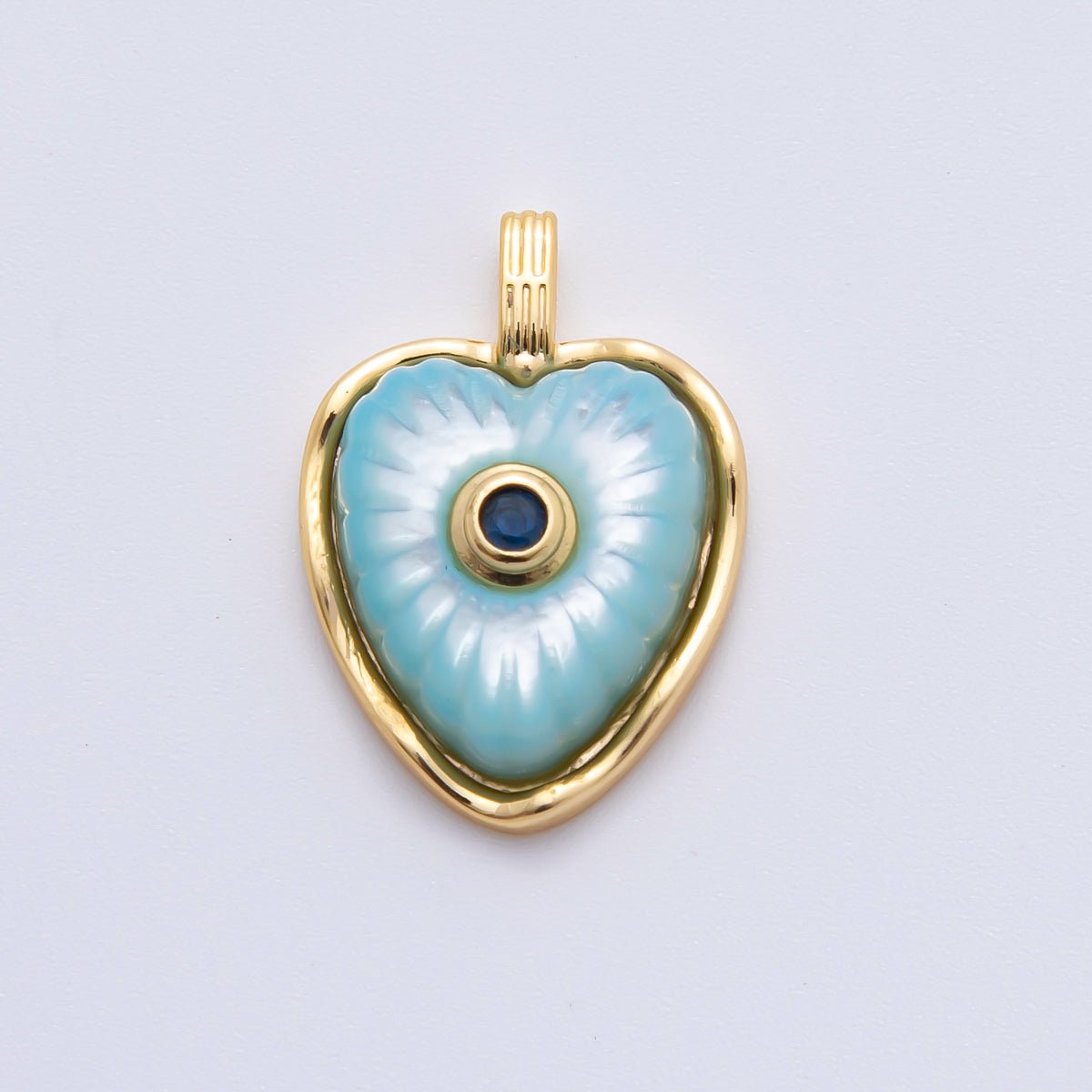 18K Gold Filled Enamel 22.5mm Shell Pearl Round CZ Sunburst Heart Charm | AH897 - AH899 - DLUXCA