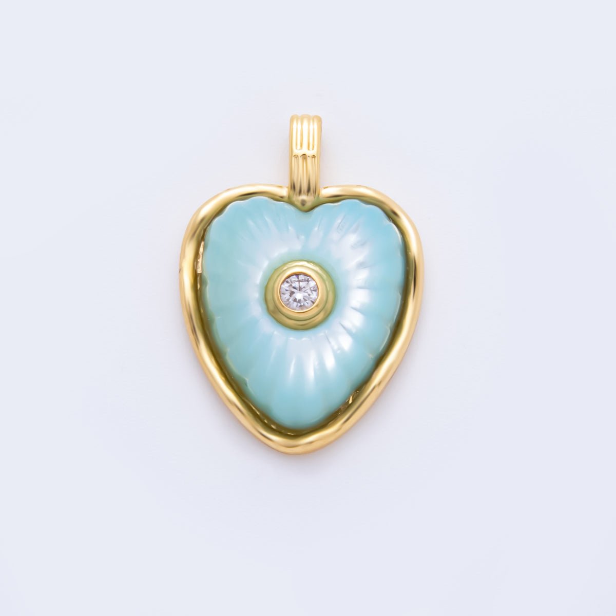 18K Gold Filled Enamel 22.5mm Shell Pearl Round CZ Sunburst Heart Charm | AH897 - AH899 - DLUXCA