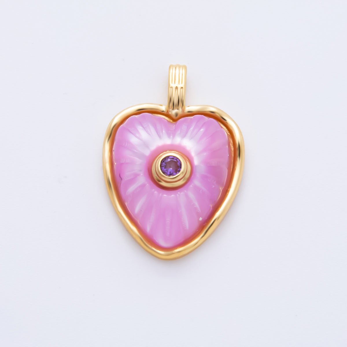 18K Gold Filled Enamel 22.5mm Shell Pearl Round CZ Sunburst Heart Charm | AH897 - AH899 - DLUXCA