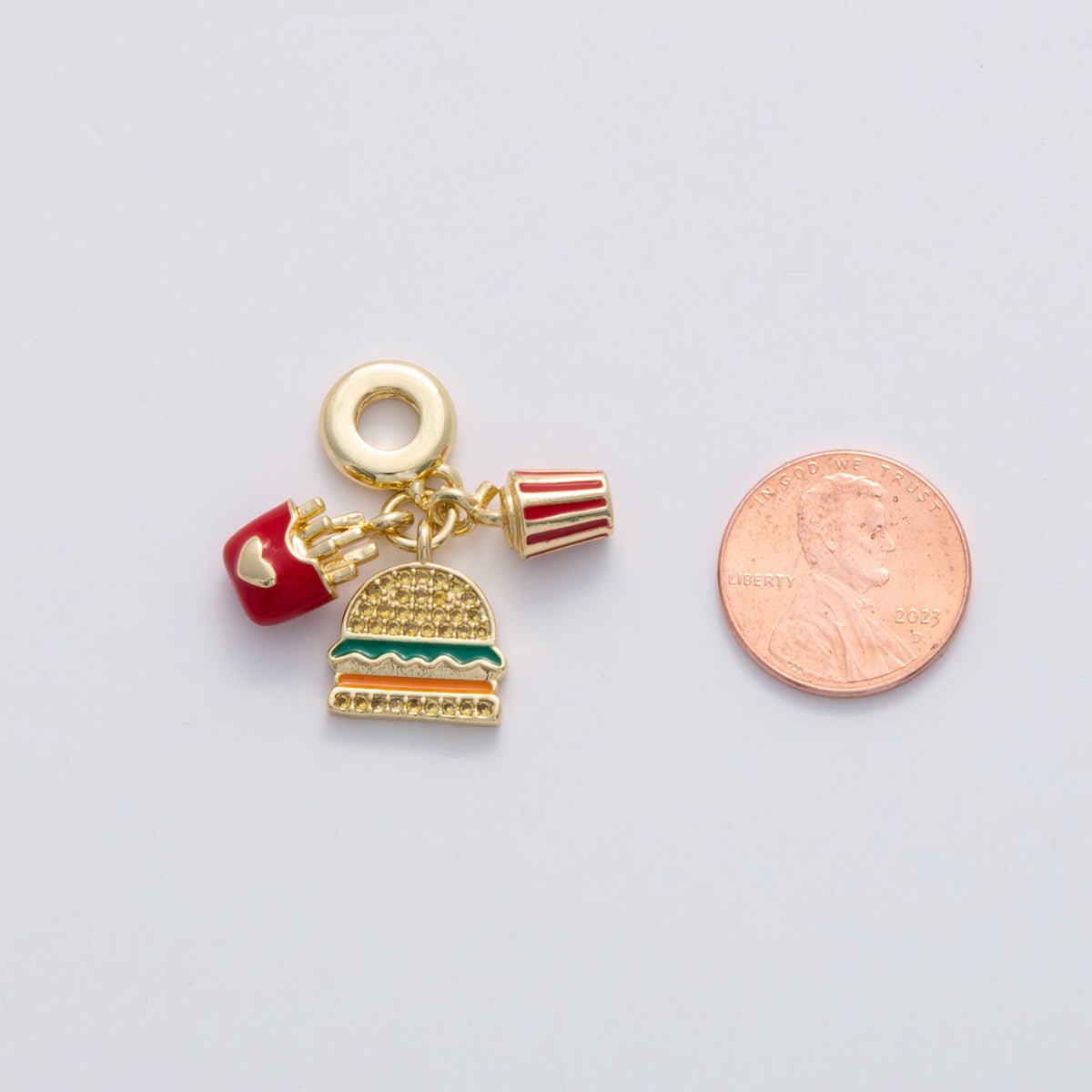 18K Gold Filled Fast Food Hamburger Fries Soda Micro Paved CZ Rhondelle Drop Pendant | C182 - DLUXCA