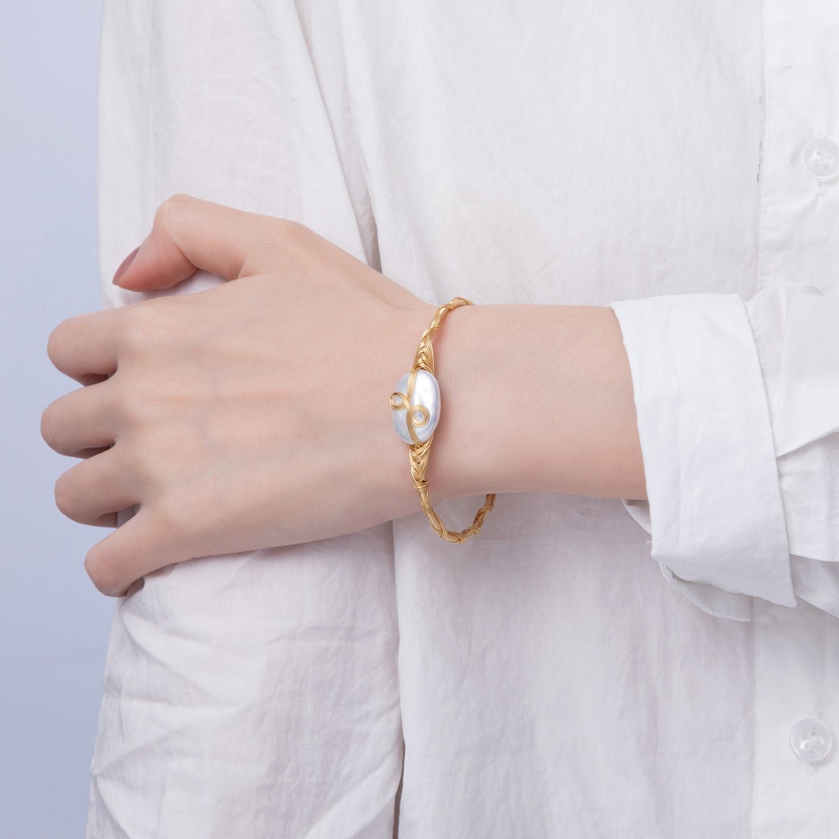 18K Gold Filled Freshwater Pearl Coil Wire Wrap Cuff Bracelet | WA - 3851 - DLUXCA
