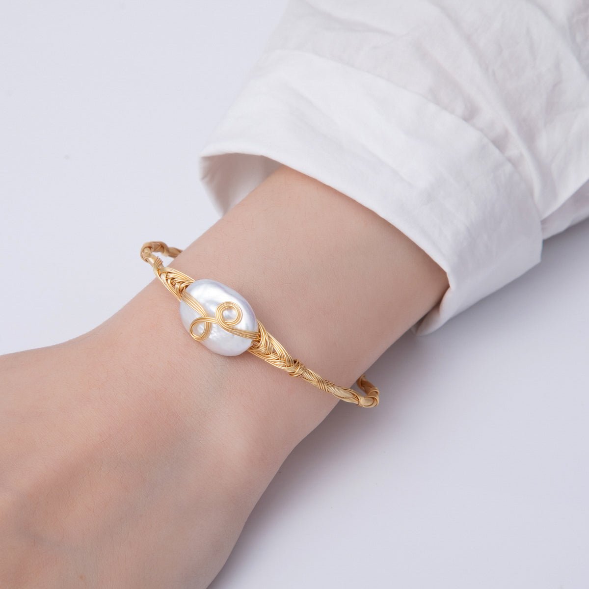 18K Gold Filled Freshwater Pearl Coil Wire Wrap Cuff Bracelet | WA - 3851 - DLUXCA