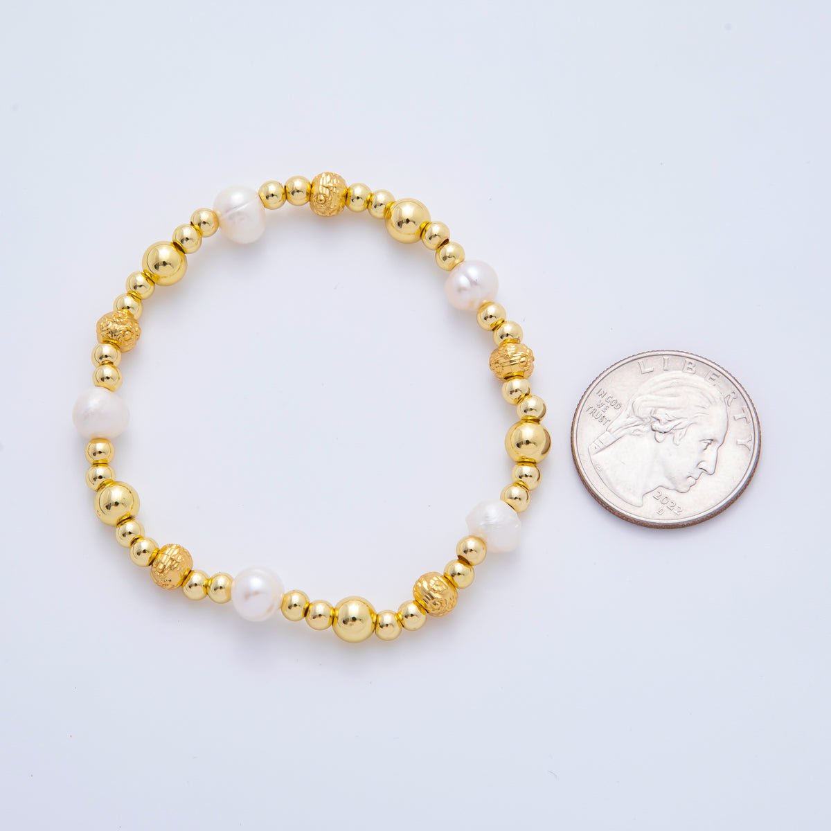 18K Gold Filled Freshwater Pearl Stretch Textured Bead Bracelet | WA - 3505 ~ WA - 3516 - DLUXCA