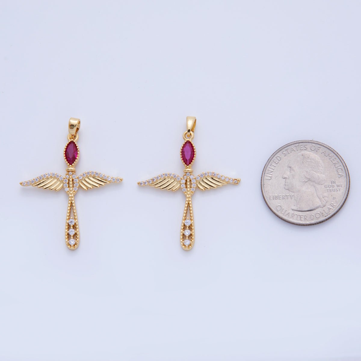 18K Gold Filled Fuchsia CZ Micro Paved Wings Cross Pendant | AF742 - DLUXCA