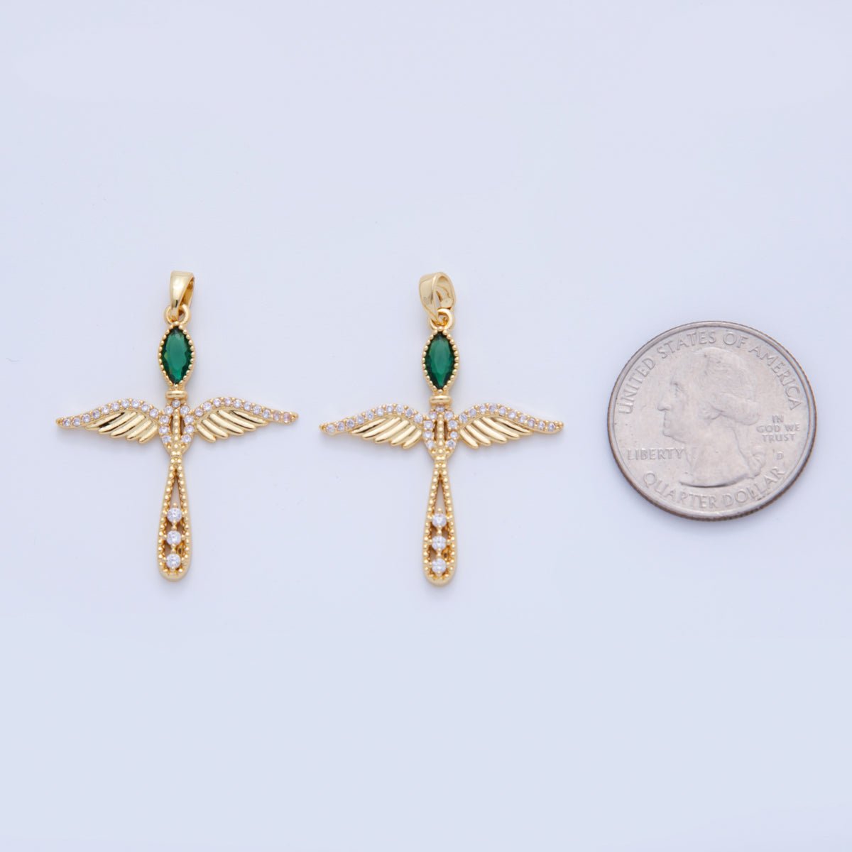 18K Gold Filled Green CZ Micro Paved Wings Cross Pendant | AF732 - DLUXCA