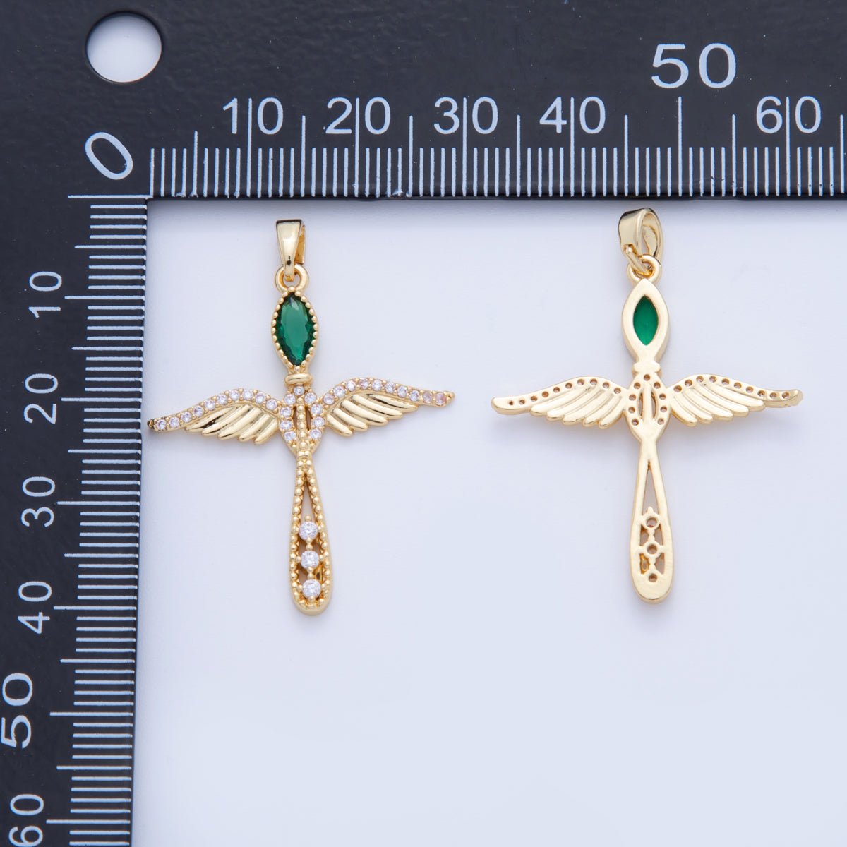 18K Gold Filled Green CZ Micro Paved Wings Cross Pendant | AF732 - DLUXCA