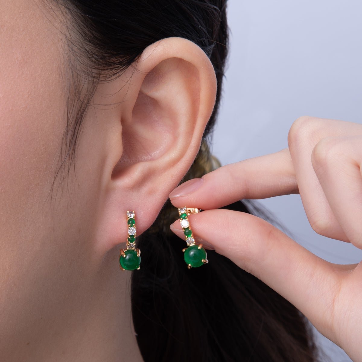 18K Gold Filled Green Gemstone CZ Drop C - Shaped Hoop Earrings | AD1613 - DLUXCA