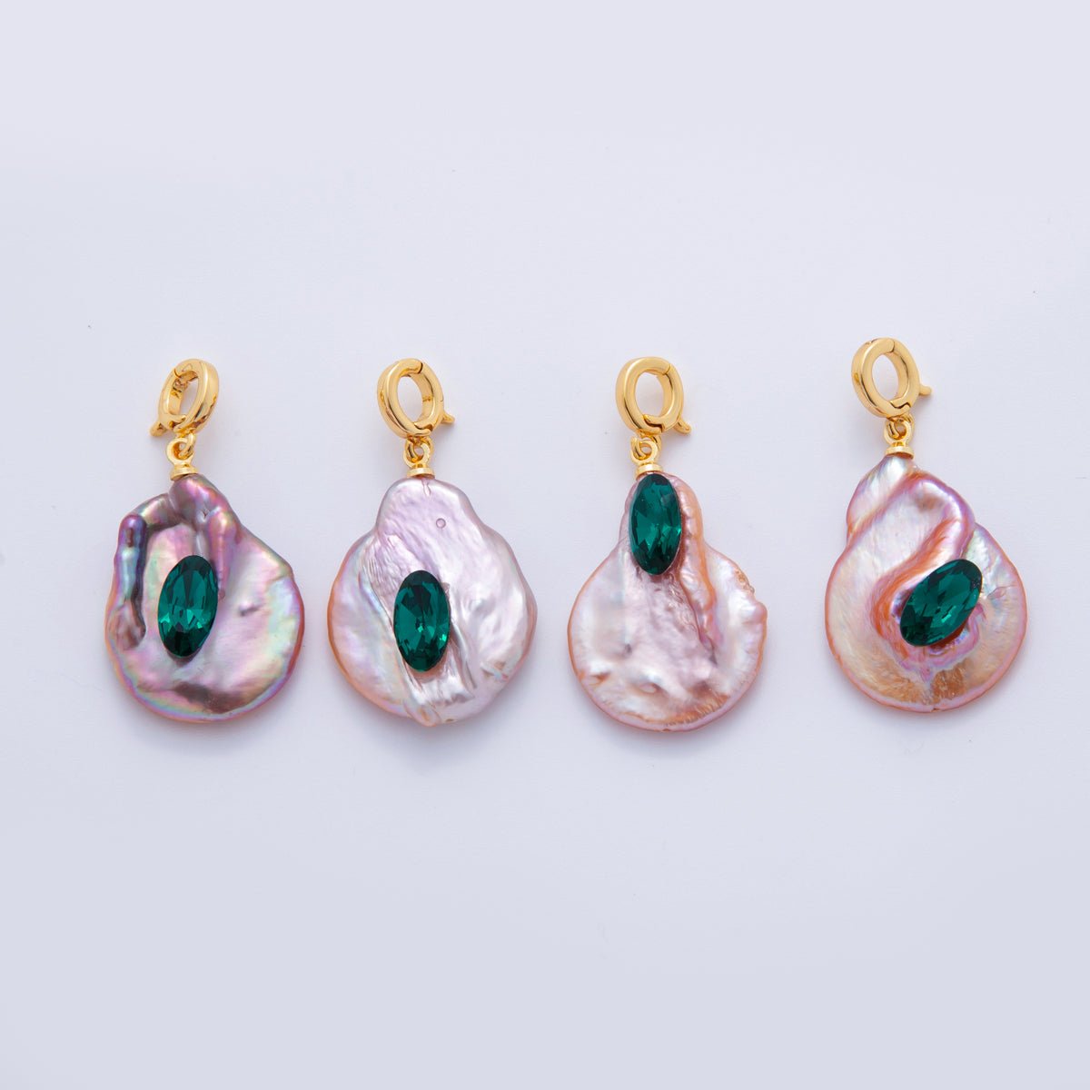 18K Gold Filled Green Oval CZ Pink Freshwater Pearl Snap Latch Rhondelle Drop Pendant | AH702 - DLUXCA