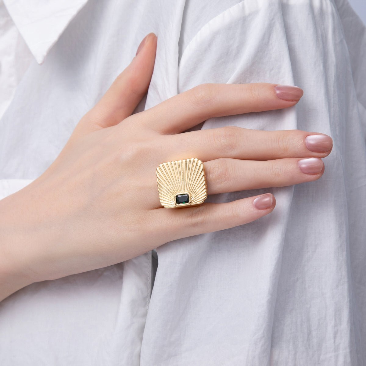 18K Gold Filled Green, Red, Clear Fuchsia Baguette CZ Sunburst Ribbed Signet Ring | O801 O802 - DLUXCA