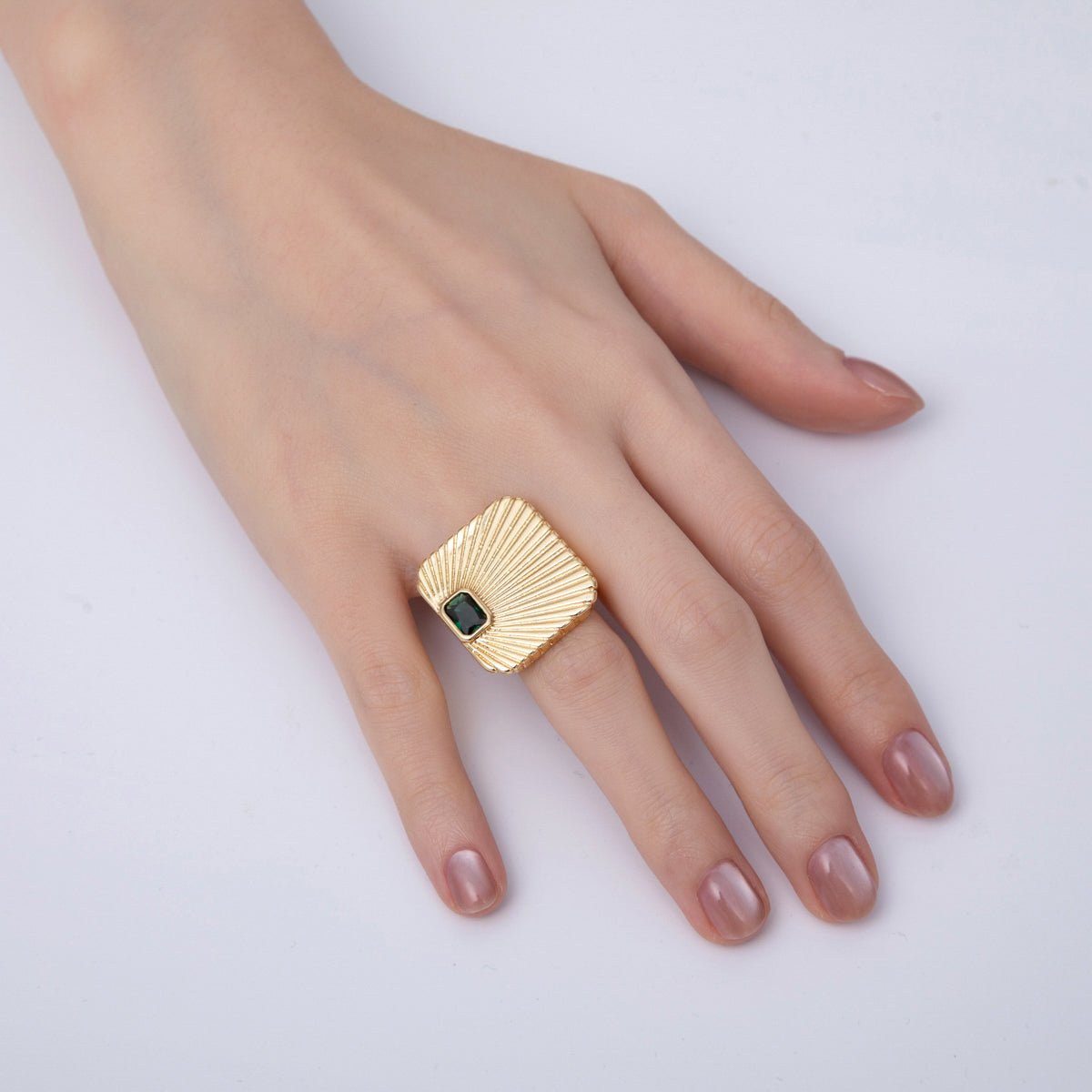 18K Gold Filled Green, Red, Clear Fuchsia Baguette CZ Sunburst Ribbed Signet Ring | O801 O802 - DLUXCA