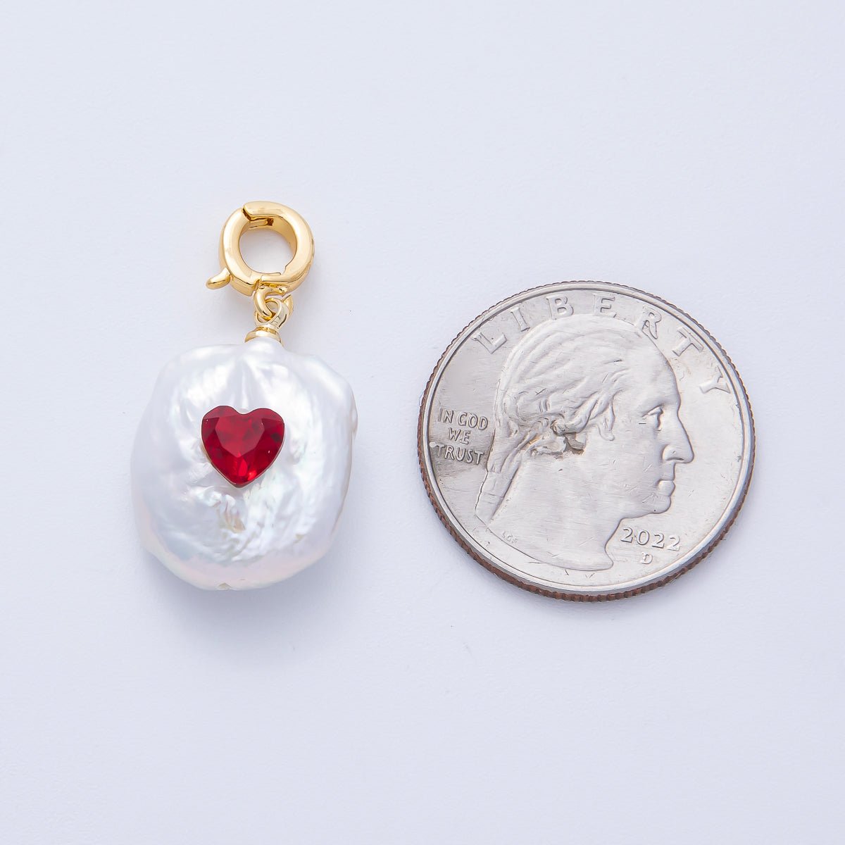 18K Gold Filled Green, Red Heart CZ Shell Pearl Snap Latch Pendant | AF640 - DLUXCA
