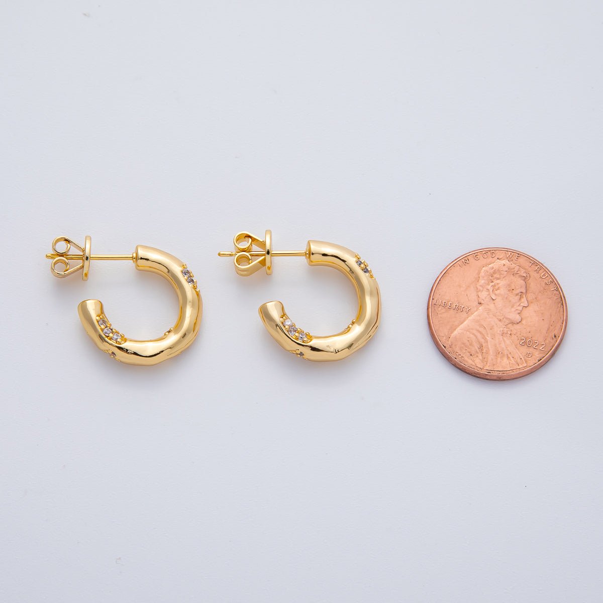 18K Gold Filled Hammered Micro Pave CZ 23mm C - Shaped Hoops Earrings | AD1602 - DLUXCA