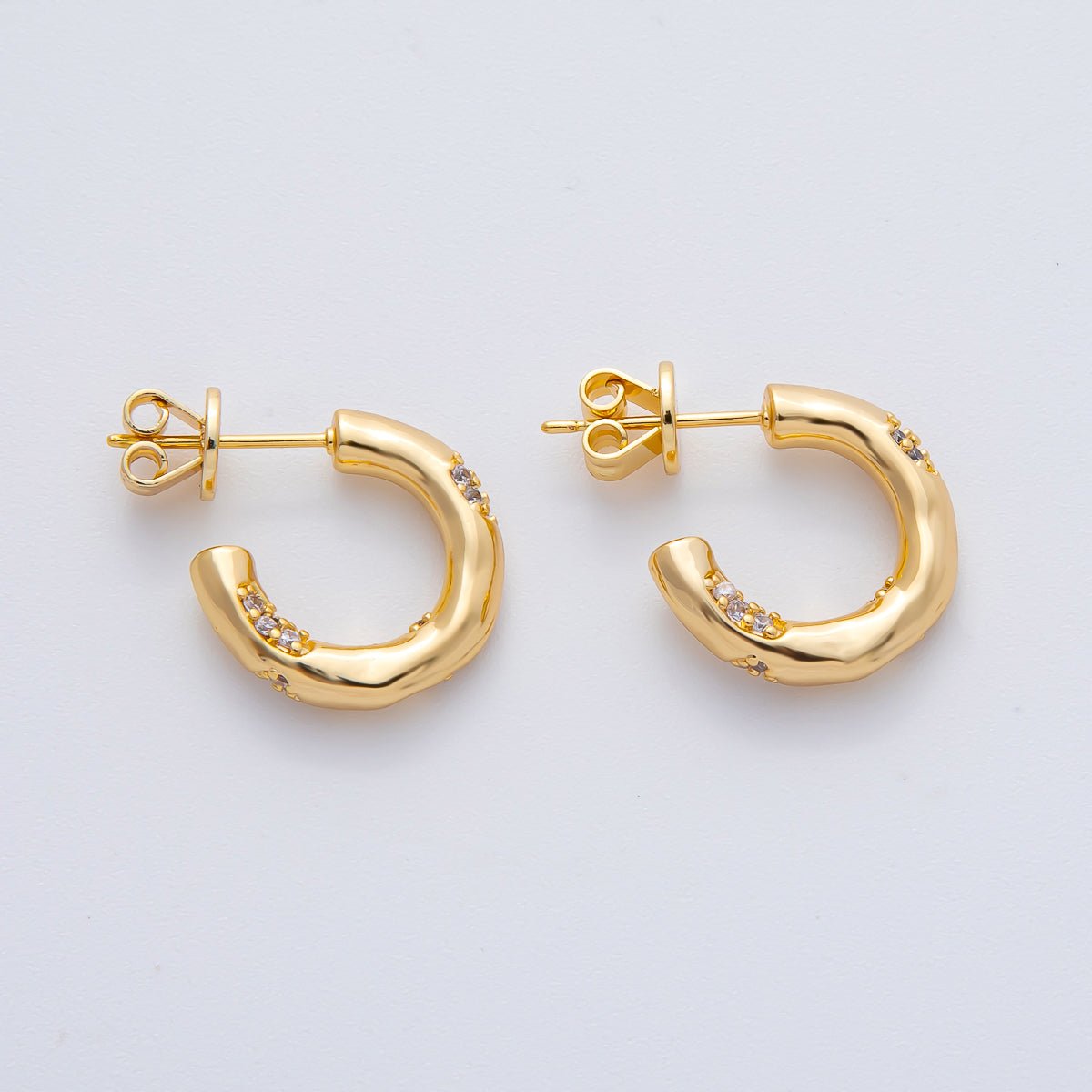 18K Gold Filled Hammered Micro Pave CZ 23mm C - Shaped Hoops Earrings | AD1602 - DLUXCA