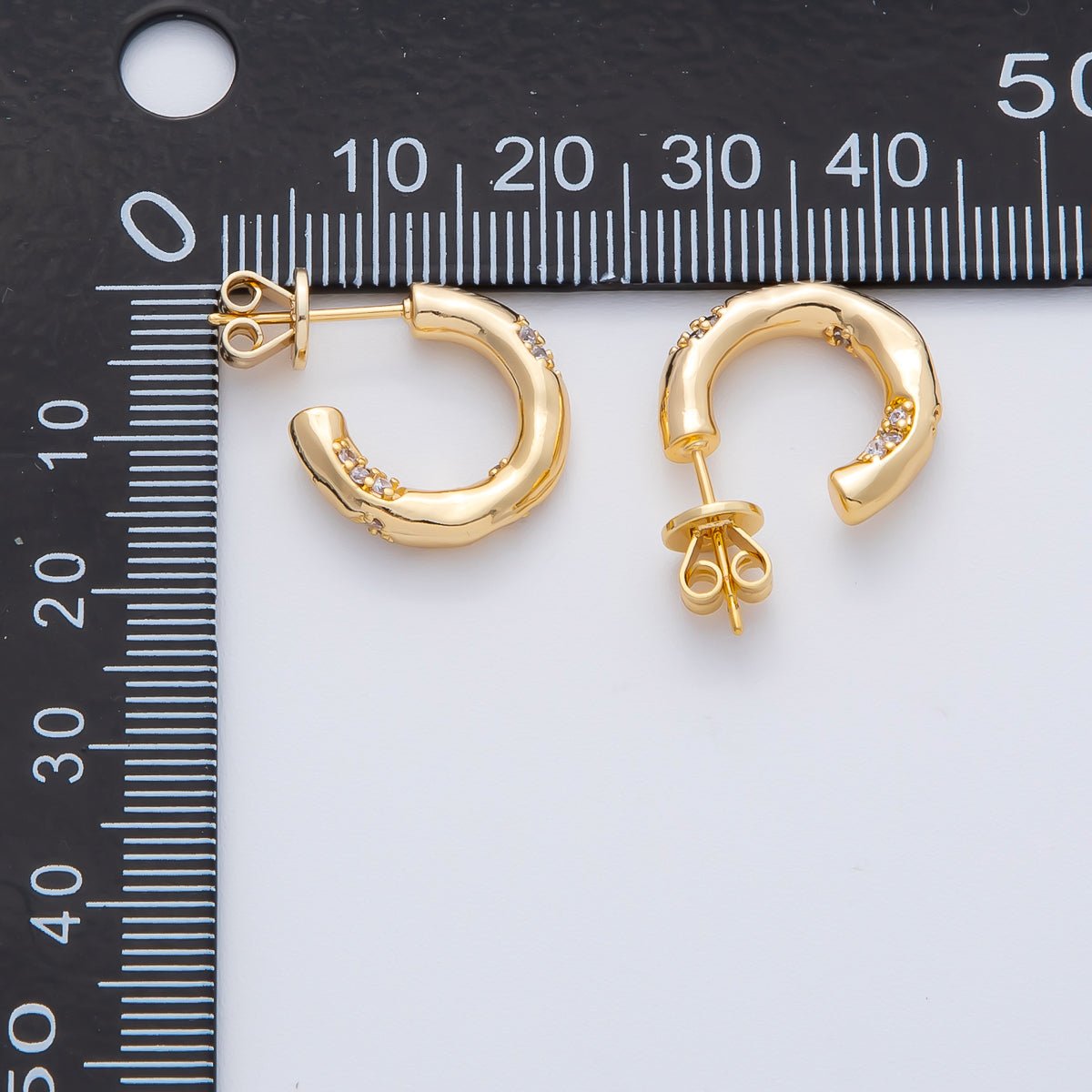 18K Gold Filled Hammered Micro Pave CZ 23mm C - Shaped Hoops Earrings | AD1602 - DLUXCA
