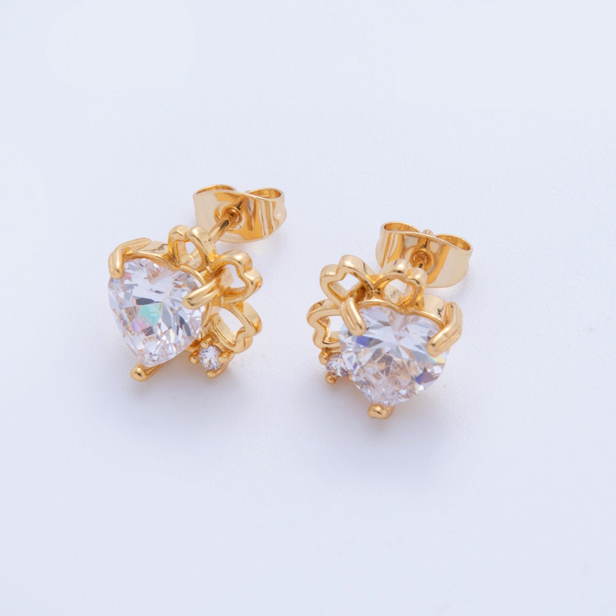 18K Gold Filled Heart CZ Half Clover Stud Earrings | AI376 AI377 - DLUXCA