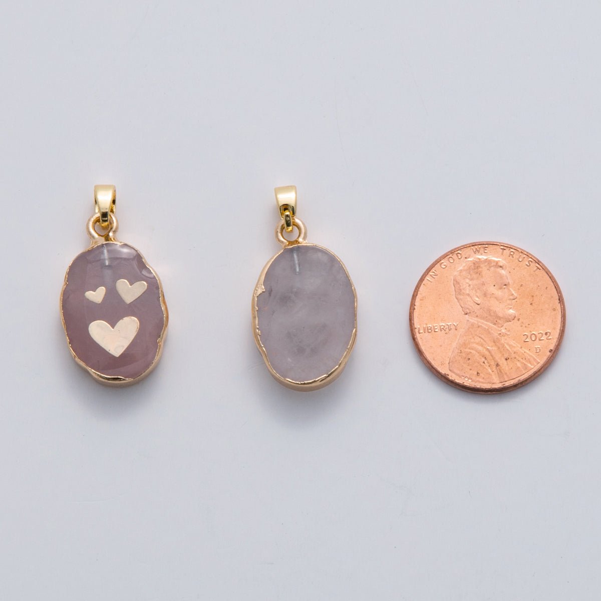 18K Gold Filled Heart Rose Quartz Oblong Pendant | AH695 - DLUXCA
