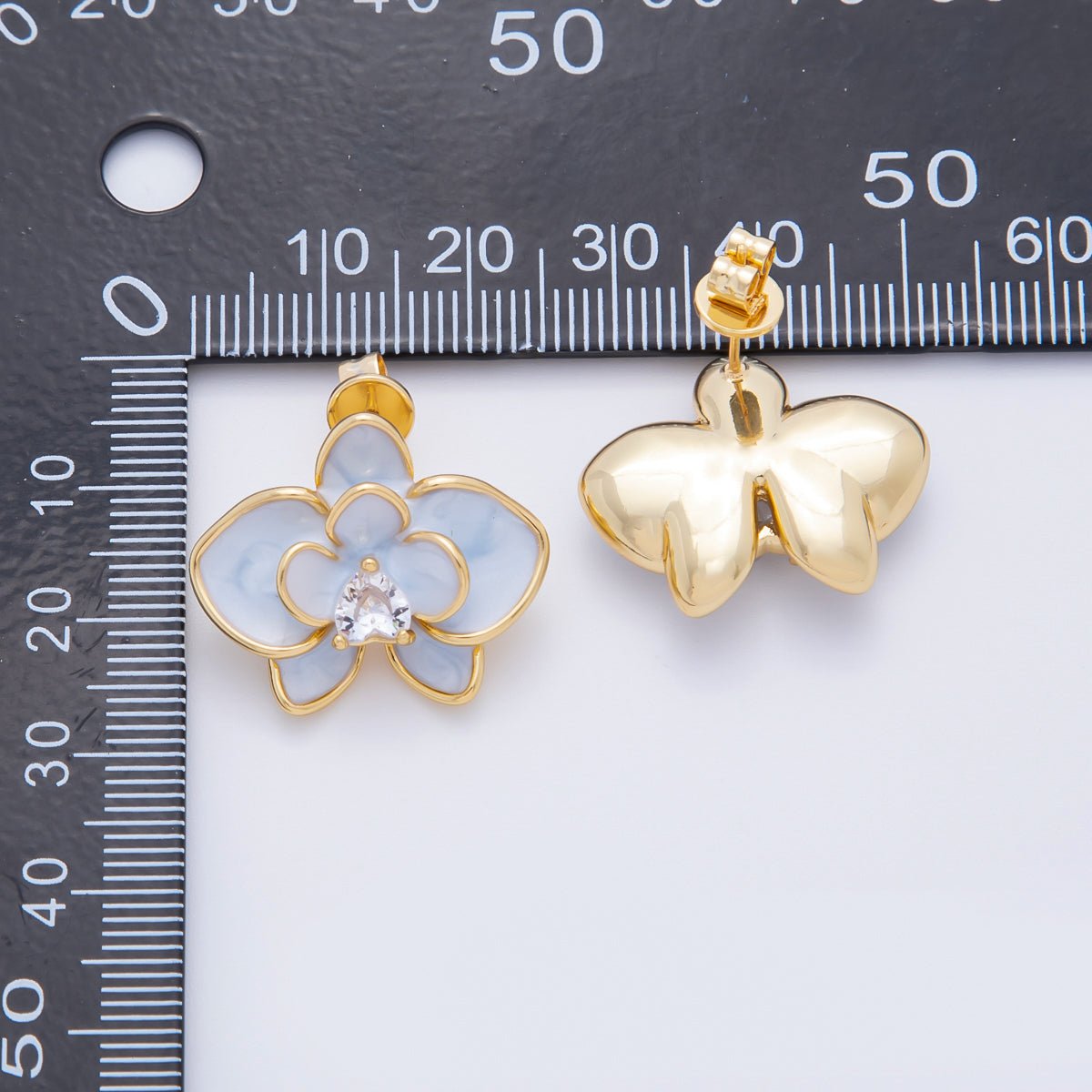 18K Gold Filled Heart - Shaped CZ Enamel Bloom Orchid Floral Studs Earrings in White, Blue, & Pink | AJ - 195 - AJ - 197 - DLUXCA