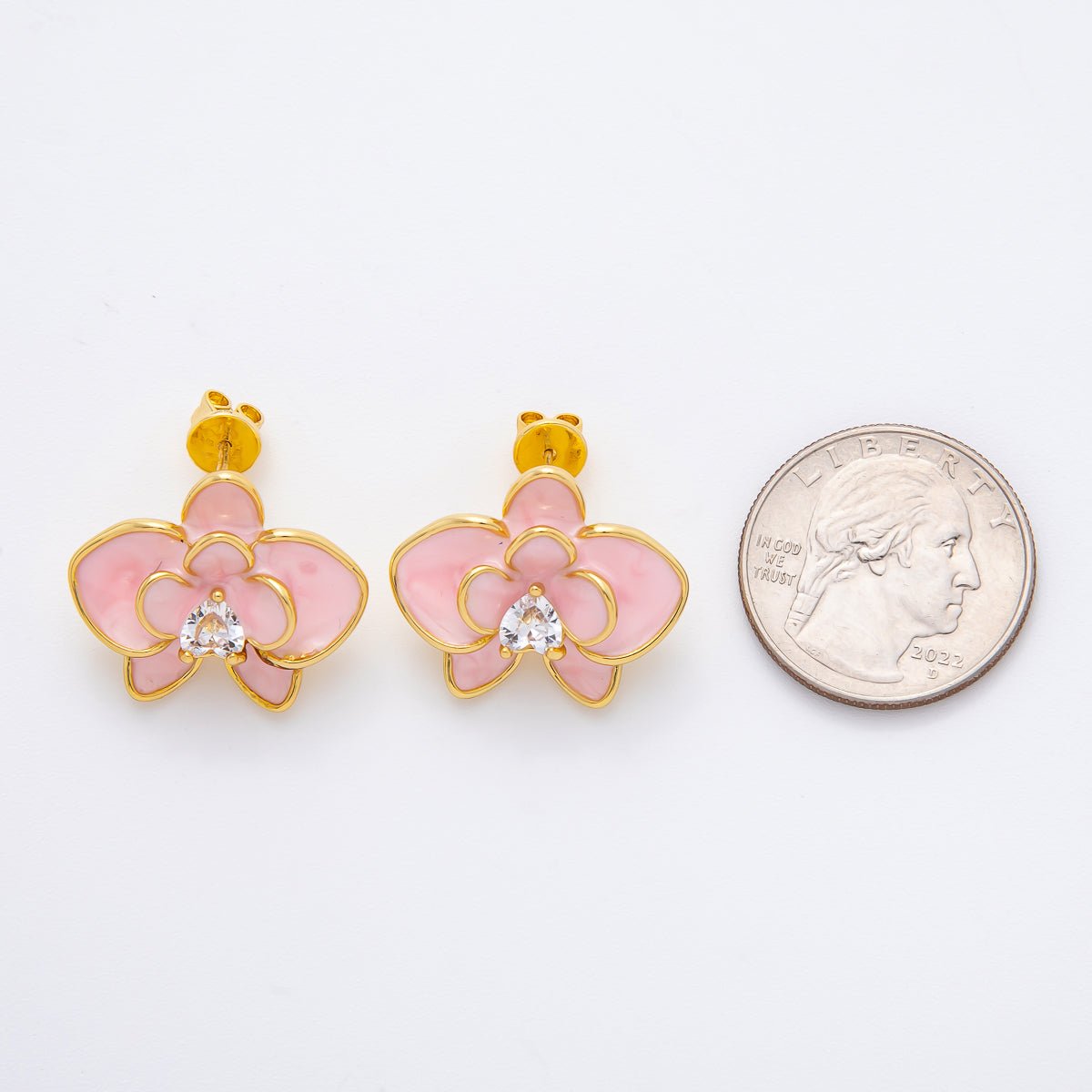 18K Gold Filled Heart - Shaped CZ Enamel Bloom Orchid Floral Studs Earrings in White, Blue, & Pink | AJ - 195 - AJ - 197 - DLUXCA